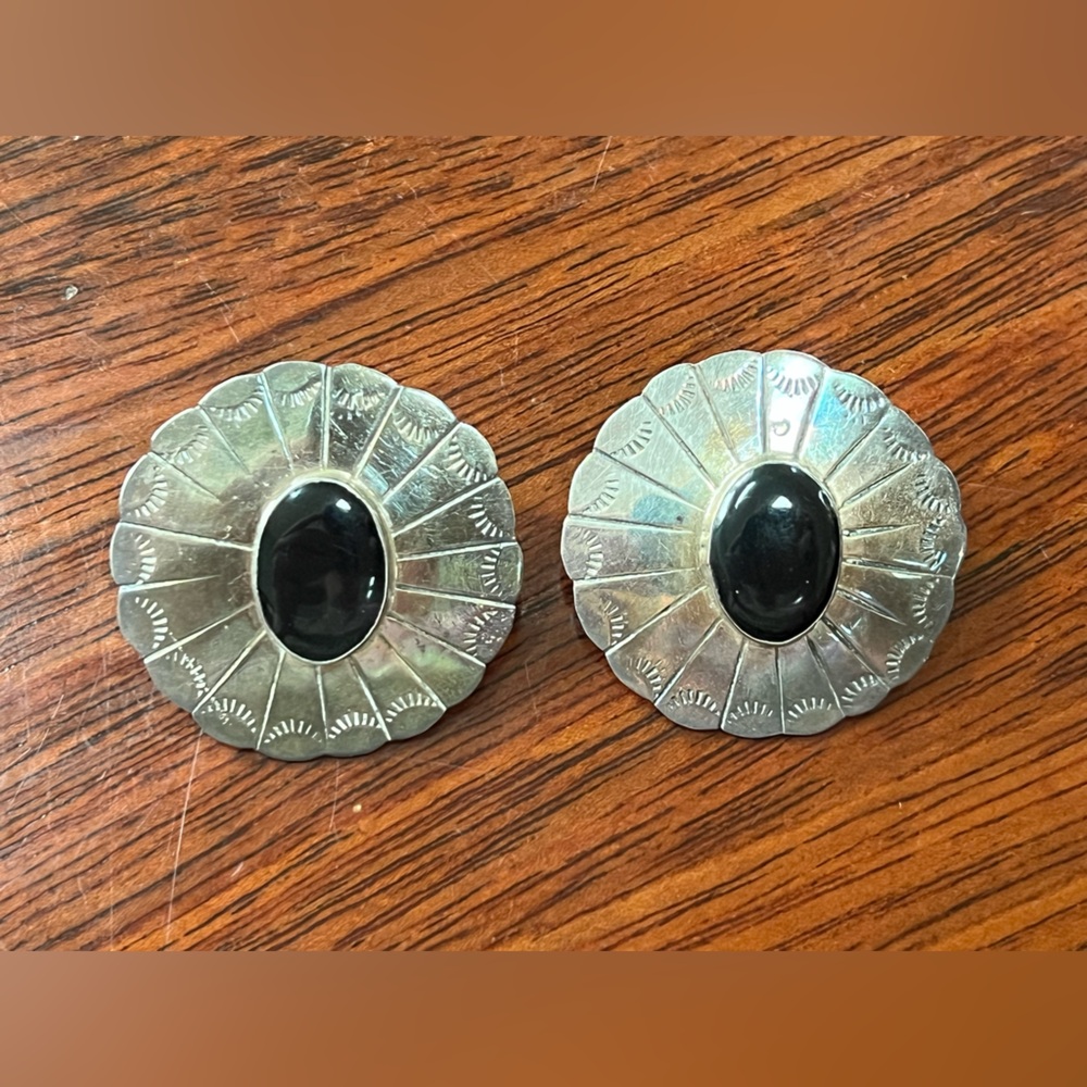 Vintage Taxco Black Onyx Hand Stamped Sterling Silver Earrings